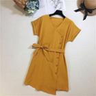 Short-sleeve Tie-waist Asymmetric Mini A-line Dress