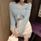 Furry Cardigan / Lace Trim Pencil Skirt