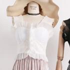 Pleated Ruffled-trim Embroidered Sleeveless Cropped Top