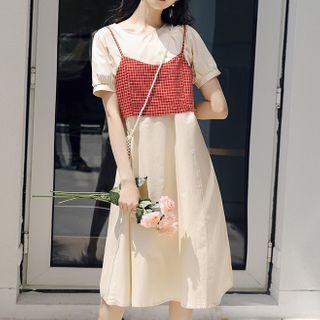 Set: Sleeveless Plaid Top + Round Neck Plain Midi Dress