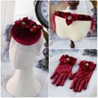 Veiled Embellished Velvet Fascinator Hat / Embellished Gloves / Necklace
