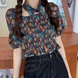 Puff Sleeve Square Neck Floral Print Cropped Top