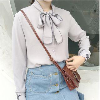 Floral Embroidered Tie-neck Blouse