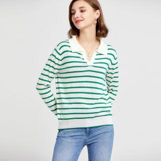 Long Sleeve Stripe Collared Knit Top