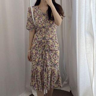 Bell-sleeve Drawstring Ruched Floral Dress
