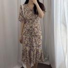 Bell-sleeve Drawstring Ruched Floral Dress