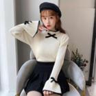 Bell Sleeve Frill-trim Bow Accent Knit Top