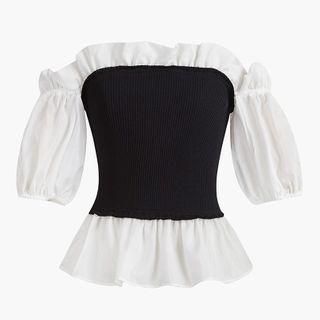 Two-tone Off-shoulder Elbow-sleeve Peplum Knit Top Black - One Size