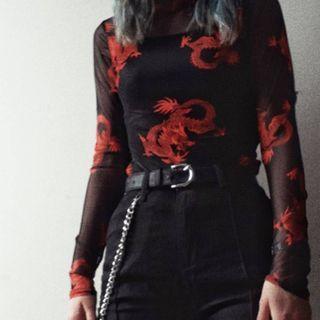 Dragon-print Mesh Long-sleeve Top