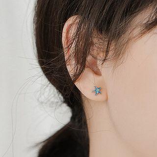 925 Sterling Silver Rhinestone Star Stud Earring 1 Pair - Blue - One Size