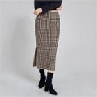 Deep-slit Houndstooth Long Skirt