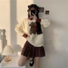 Bear Embroidered Sweatshirt / Plaid Mini A-line Skirt