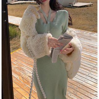 Long-sleeve Halter-neck Knit Midi Sheath Dress