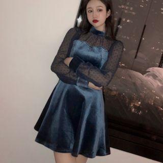 Mock Two Piece Velvet A-line Dress