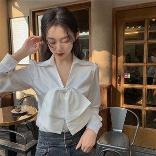Ribbon V-neck Puff-sleeve Blouse White - One Size