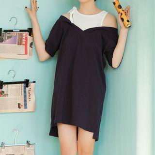 Short-sleeve Mock Two-piece Long T-shirt