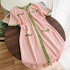 Short-sleeve Buttoned Knit A-line Dress Pink - One Size