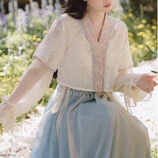 Puff-sleeve Floral Print Midi A-line Dress / Floral Print Jacket