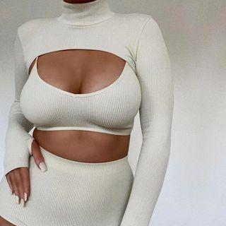 Set: Long-sleeve Turtleneck Knit Crop Top + Cropped Camisole Top