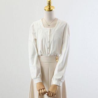 Square-neck Plain Button-up Top / High-waist Plain A-line Skirt
