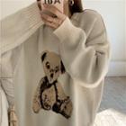 Printed Long-sleeve Knit Sweater Beige - One Size