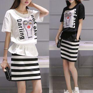 Set : Print Short-sleeve Knit Top + Stripe Skirt