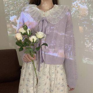 Tie-front Cardigan / Puff-sleeve Floral Print Midi A-line Dress