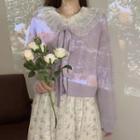Tie-front Cardigan / Puff-sleeve Floral Print Midi A-line Dress