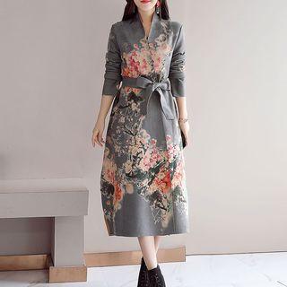 Flower Print Tie Waist A-line Coat