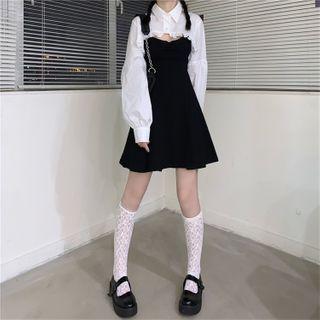 Long-sleeve Cropped Ruffled Blouse / Spaghetti Strap A-line Mini Dress