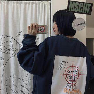 Printed Oversize Pullover Navy Blue - One Size