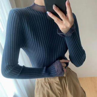 Bell-sleeve Mock-neck Mesh Panel Knit Top