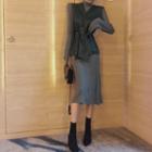 Long-sleeve Mock Neck Midi T-shirt Dress / Faux Leather Vest