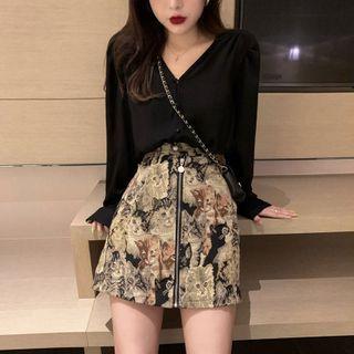Set: V-neck Blouse + Cat Print Mini A-line Skirt
