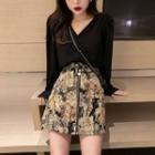 Set: V-neck Blouse + Cat Print Mini A-line Skirt