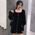 Long-sleeve Metal-accent Velvet Mini Sheath Dress