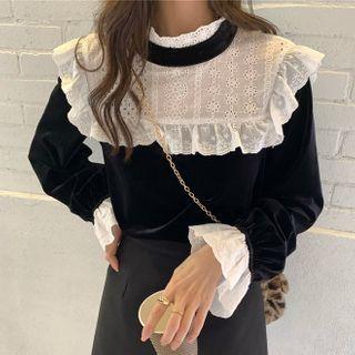 Eyelet Lace Panel Ruffled Blouse Black - One Size