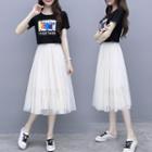 Set: Short-sleeve Graphic Print T-shirt + Mesh Overlay Midi Skirt