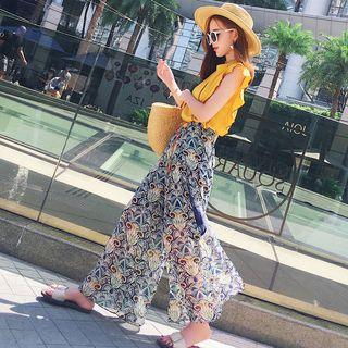 Set: Sleeveless Frill-trim Top + Pattern Wide-leg Pants
