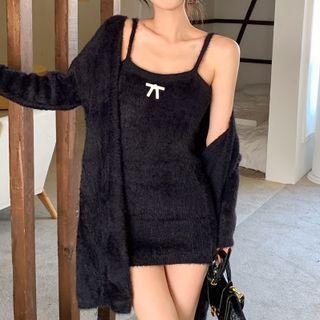 Spaghetti Strap Bow Fluffy Mini Bodycon Dress / Cardigan