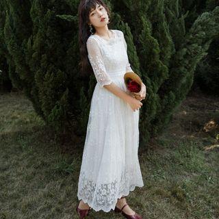 Elbow-sleeve Lace A-line Maxi Dress