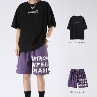 Lettering Print T-shirt / Straight Leg Shorts / Set