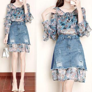 Set: Long-sleeve Mini Floral Chiffon Dress + Mini Denim Skirt