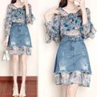 Set: Long-sleeve Mini Floral Chiffon Dress + Mini Denim Skirt