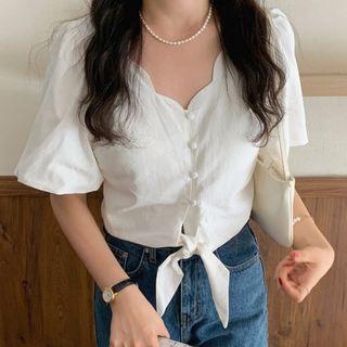 Puff-sleeve Scallop Trim Blouse