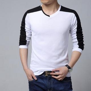 Long-sleeve V-neck Color-block T-shirt