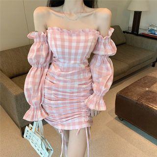 Puff-sleeve Off Shoulder Plaid Mini Dress