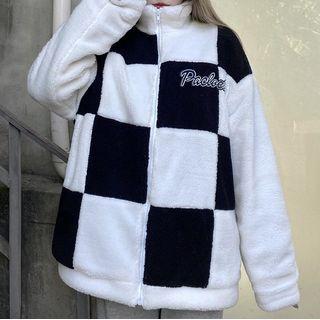 Lettering Checkerboard Fleece Zip Jacket