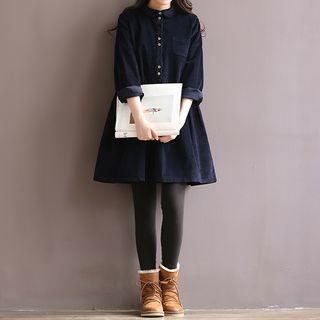 Plain Corduroy Collared Long Sleeve Dress