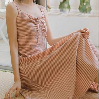 Wide Strap Gingham Midi A-line Dress
